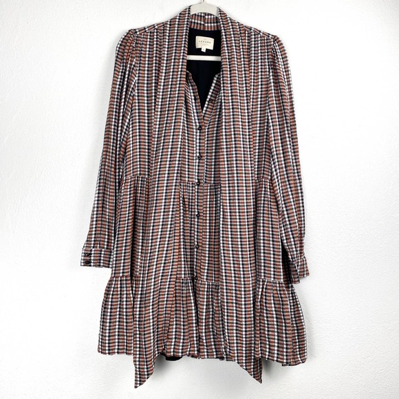 Sezane Selena Dress Lurex Tiles Print Check Tiered Mini Tie Neck Long Sleeve 42 - Picture 2 of 13